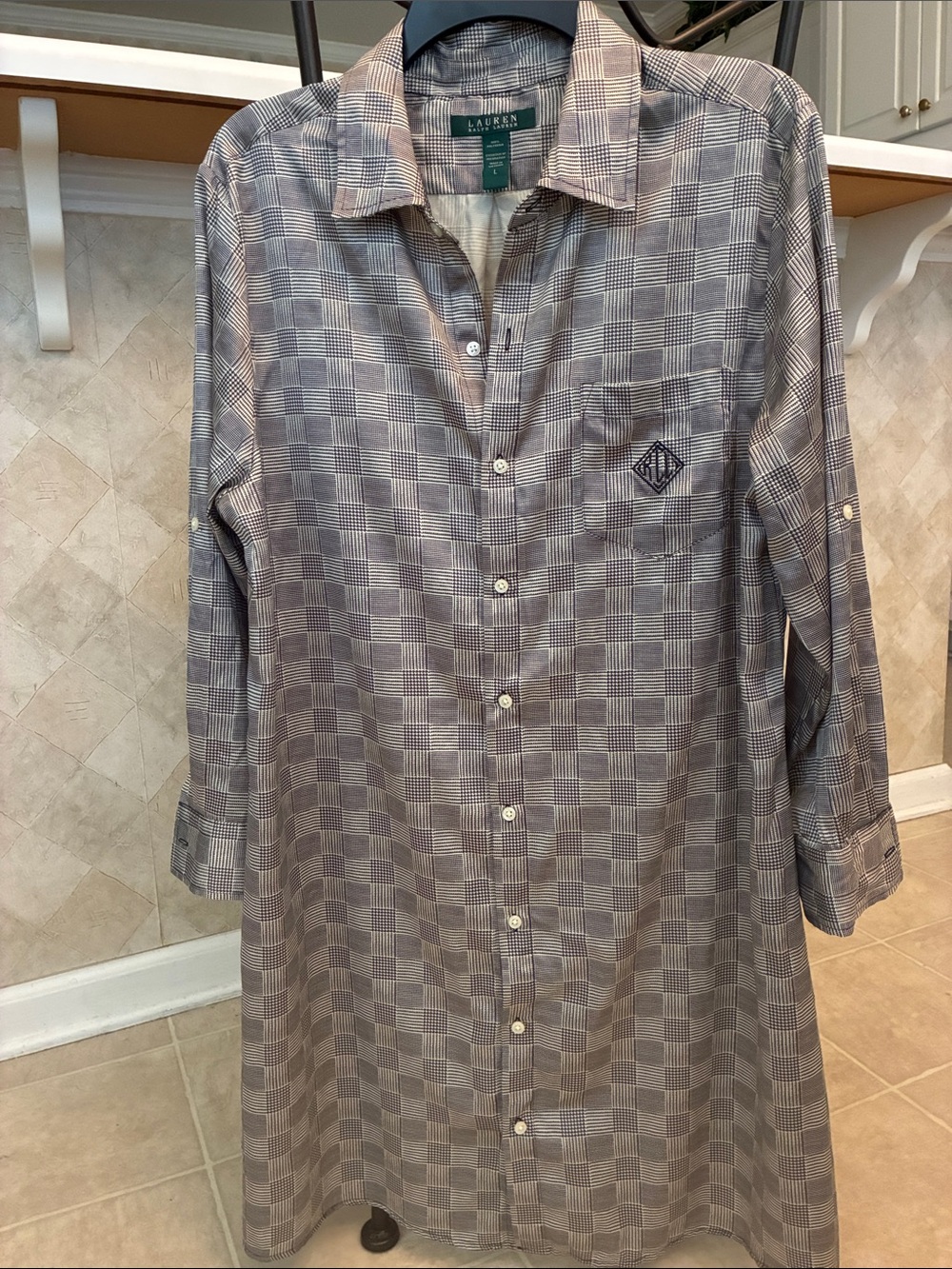 Lauren Ralph Lauren Blue and Gray Checked Button-Down Longline Shirt
